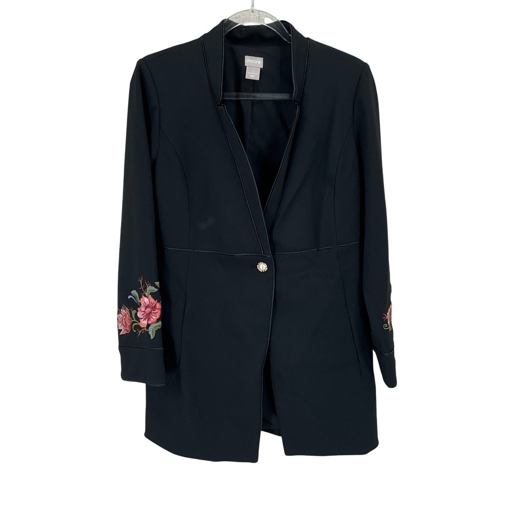 Chico's Blazer Women 1 M Black Floral Embroidered Classic Boho Pearl Jacket